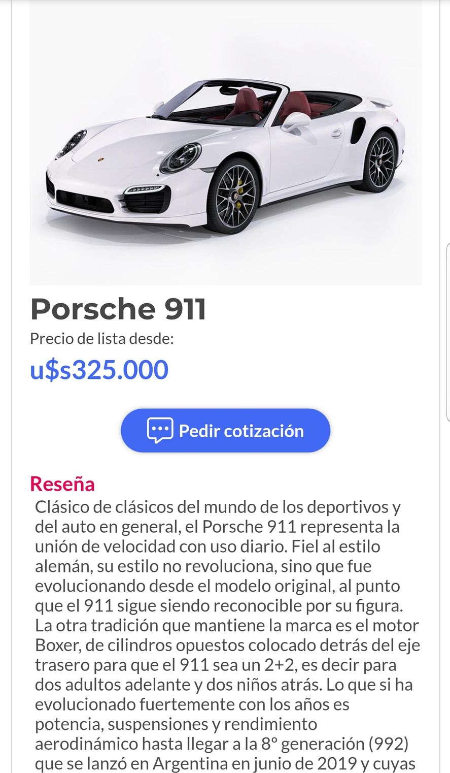 Según se publica en Argentina, un Porsche similar al que se ve en la foto de Baby Etchecopar cuesta 325000 dólares 