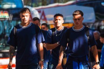 Matías Abaldo, Valentín Rodríguez y Juan Pintado en la previa del último partido de Gimnasia 