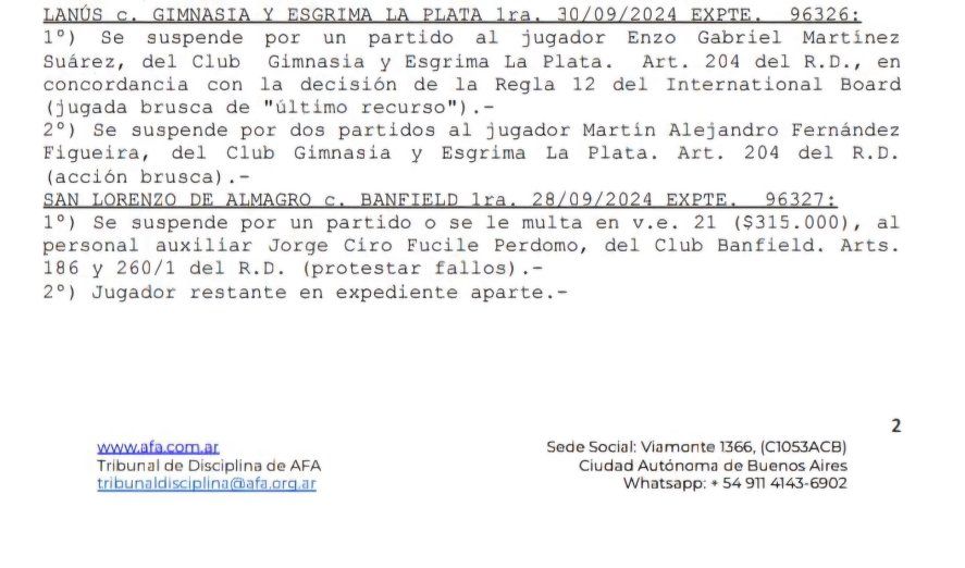 El boletín de AFA con las sanciones para Martín Fernández y Enzo Martínez, de Gimnasia