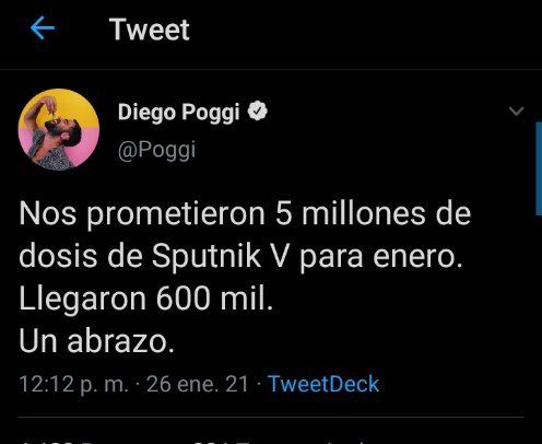El tweet de la polémica. Diego Poggi se queja de la tardanza de la vacuna rusa por la que tanto criticó al gobierno en su momento 