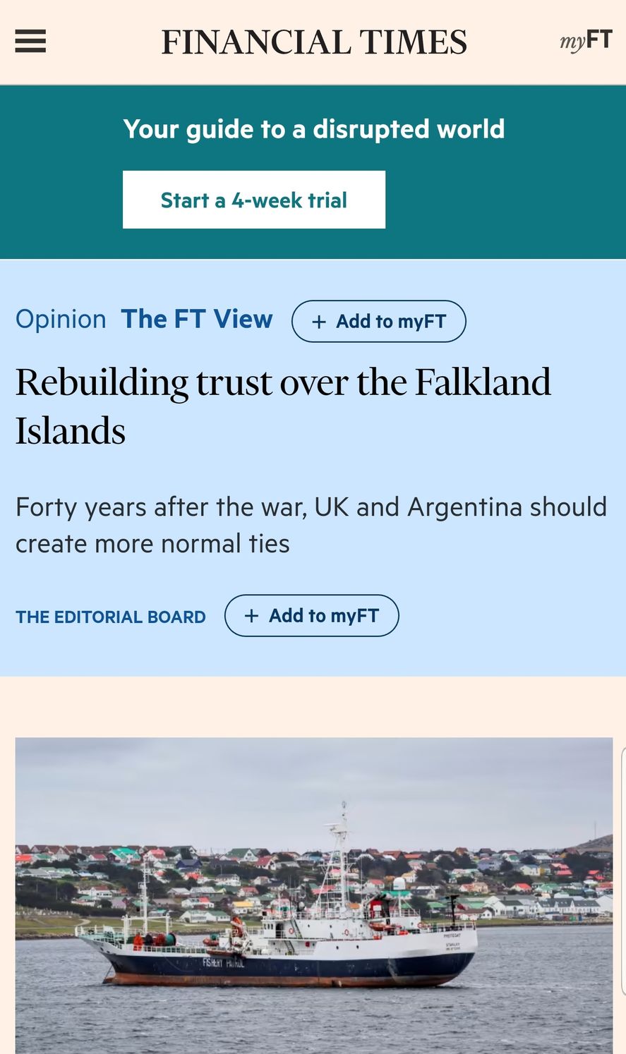 En Gran Bretaña, el diario Finantial Times propone un acercamiento com Argentina por el tema Malvinas. Es el segundo periódico inglés en las últimas 2 semanas en hacerlo 