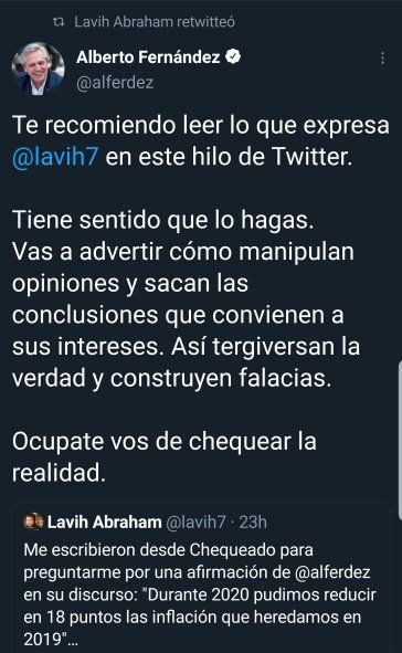 El mensaje original del Presidente Alberto Fernández recomendando la lectura del tuit del economista Levy Abraham sobre la calificación de Chequeado a los dichos acerca de la inflación 2020.
