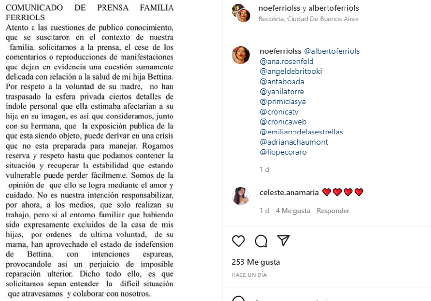Alberto Ferriols lanz&oacute; un comunicado pidiendo a los medios que no hablen de su hija