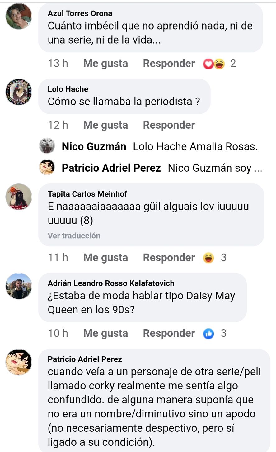 Comentarios en Facebook al posteo acerca de los 30 años de la primera emisión por Telefé de la serie "Corky", el joven con síndrome de down cuyo nombre se transformó en un insulto ofensivo en Argentina 