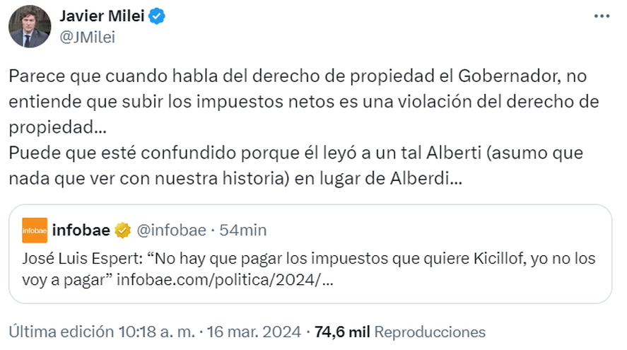 Javier Milei salió a respaldar a José Luis Espert en su guerra contra Axel Kicillof