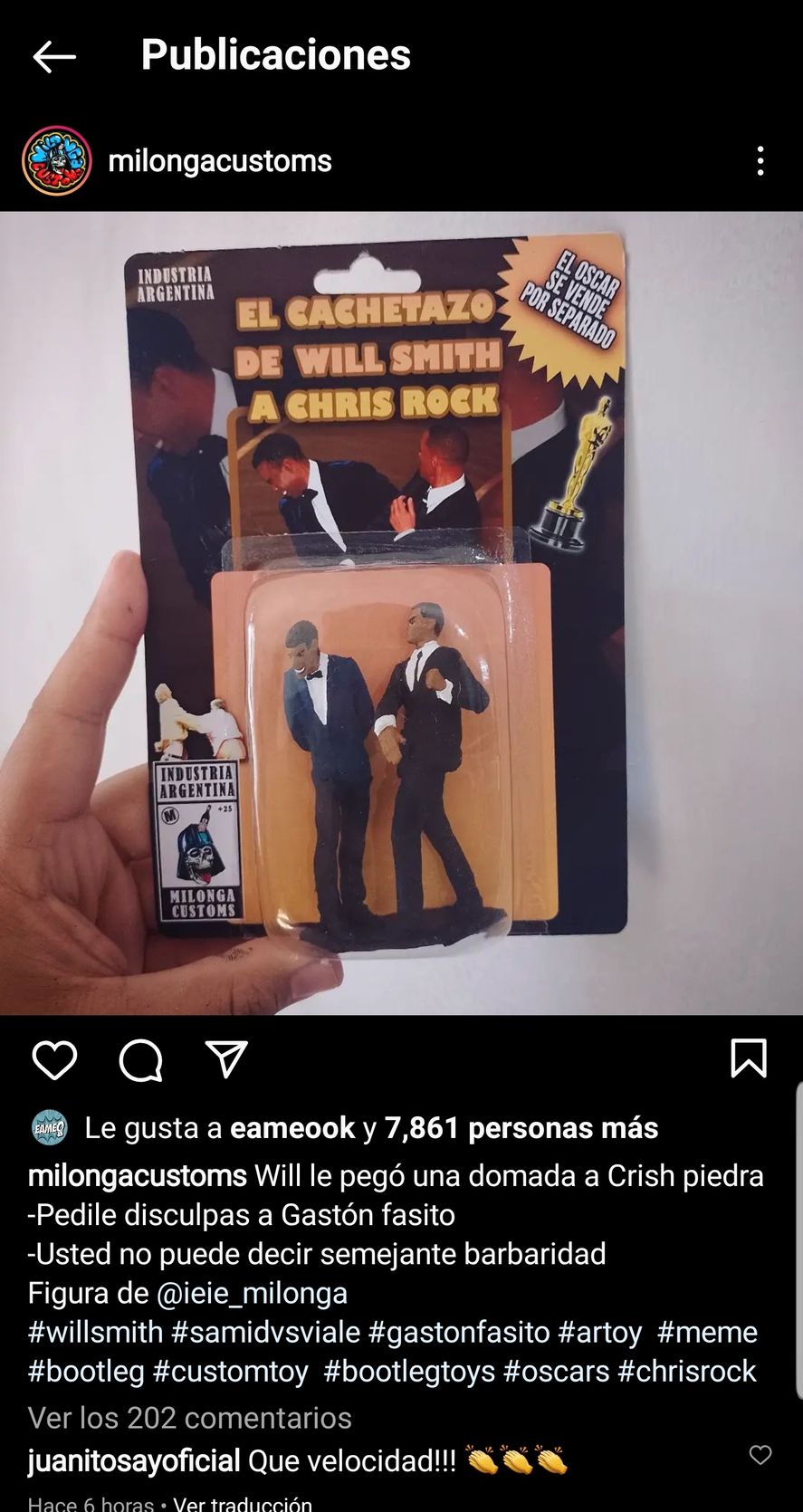 La publicación argentina en Instagram que muestra el muñeco de Will Smith abofeteando al de Chris Rock