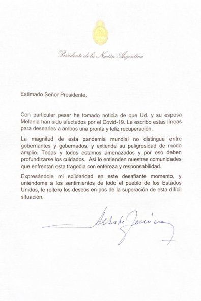 La carta del presidente Alberto Fernández a Donald Trump.