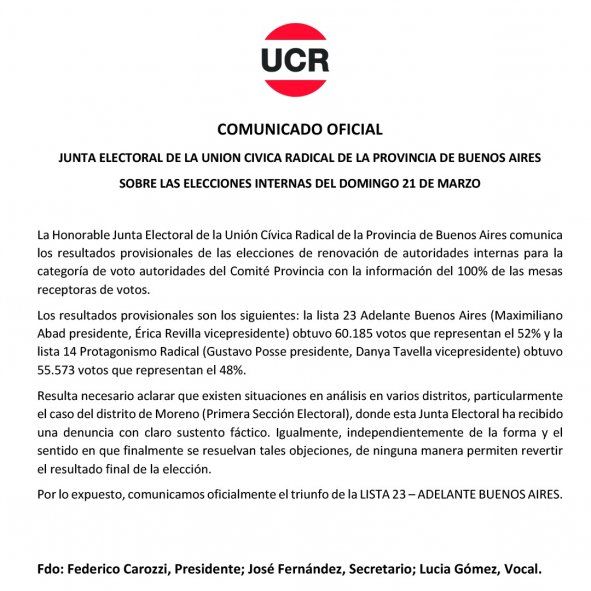 El comunicado oficial de la UCR confirmando la victoria de Abad