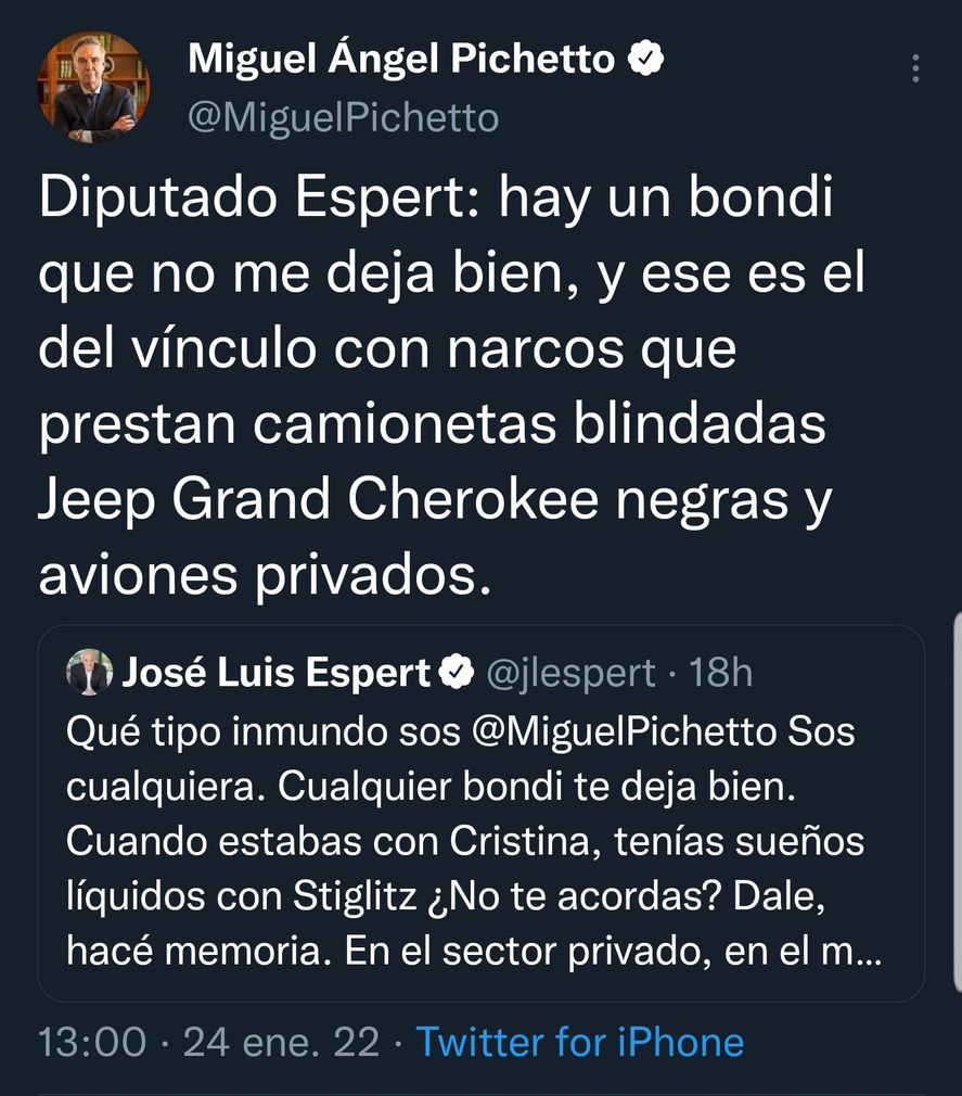 El duro cruce entre Miguel Ángel Pichetto y el diputado José Luis Espert en Twitter 