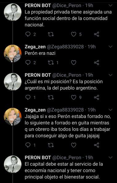 El último debate en viralizarse entre la cuenta bot de Perón en Twitter y un 
