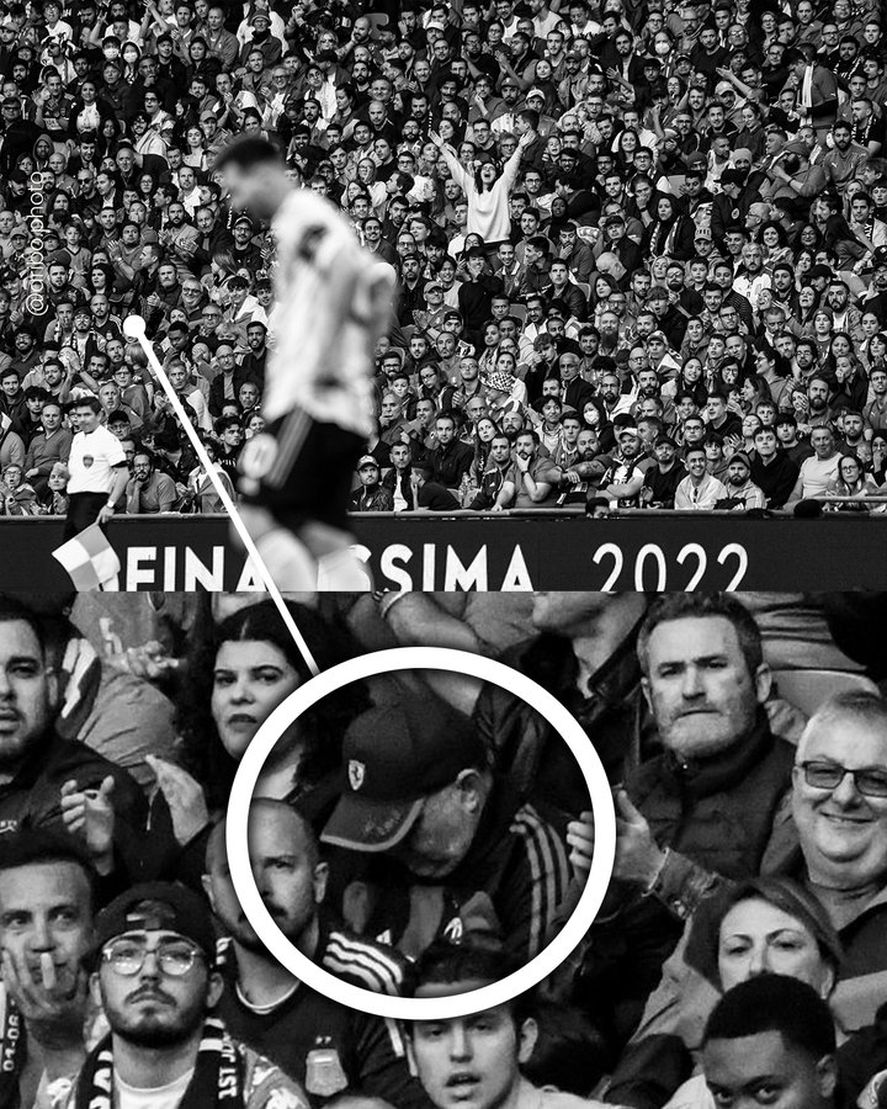 La foto de un supuesto Maradona en la tribuna durante el partido Argentina e Italia en Wembley 