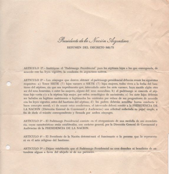 El decreto del año 1973, previo a la ley del 74, que sí especificaba lo del Séptimo hijo