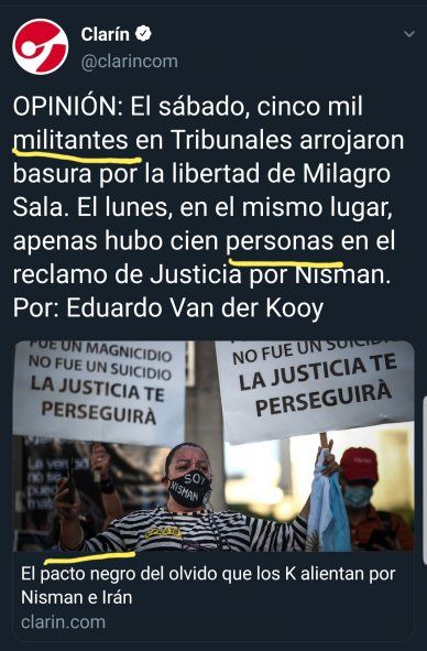Resaltadas, las palabras que utiliza Clarín diferenciando las marchas pir Sala y Nisman 