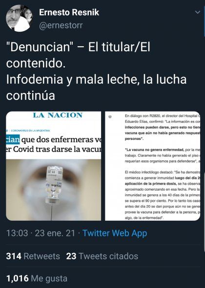 El Tweet del infectólogo argentino Ernesto Resnik, radicado en Estados Unidos que denuncia la, Infodemia de los títulos de los diarios 
