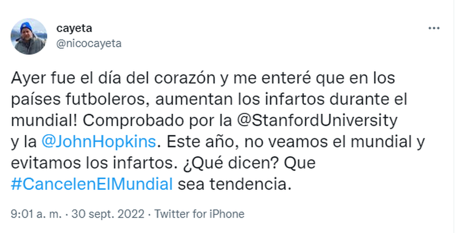 Tuit del periodista Nicolás Cayetano donde invitó a sus seguidores a unirse al hilo #CancelenElMundial para evitar los infartos. 
