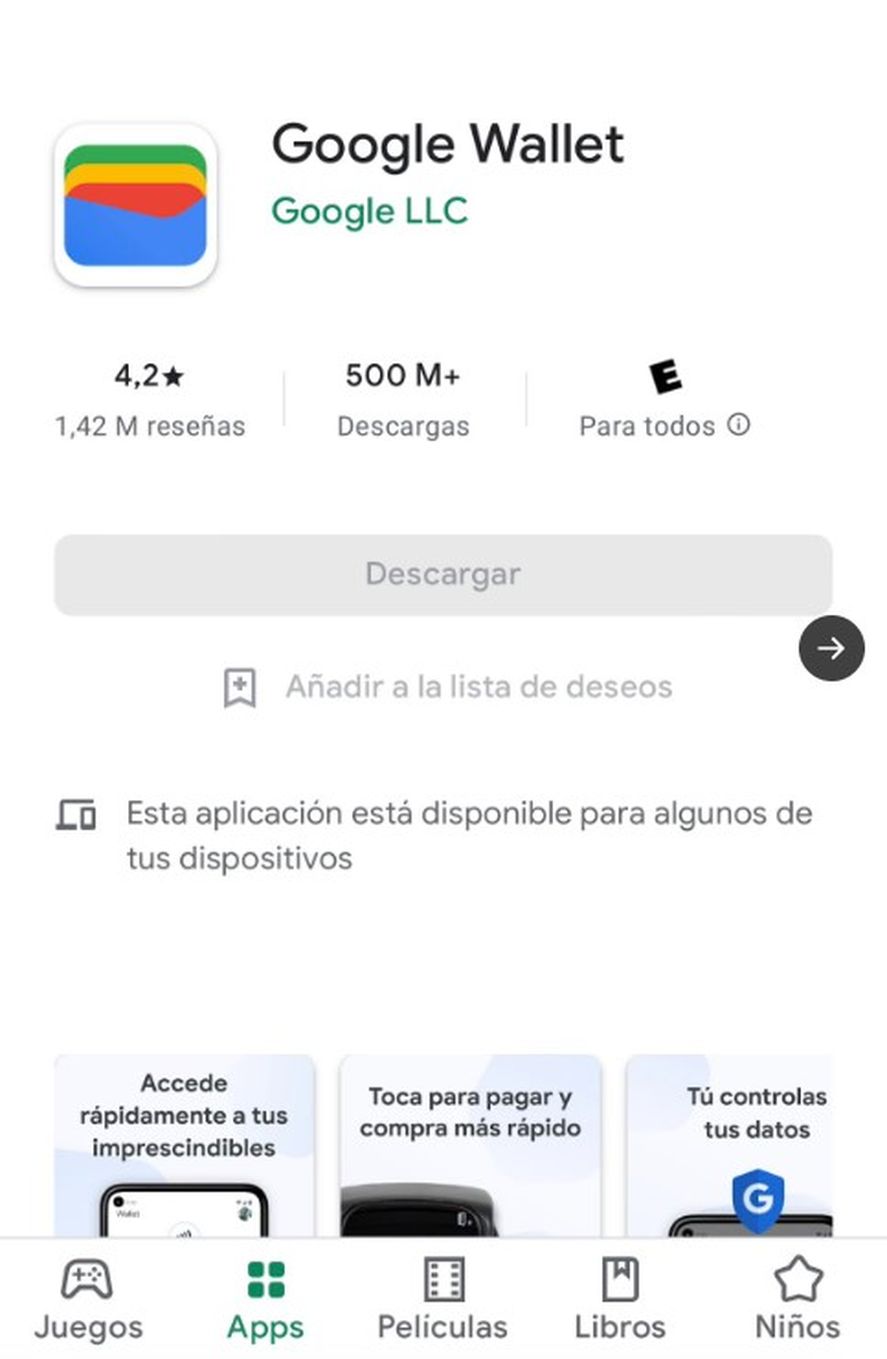 Google Wallet disponible en el Play Store.