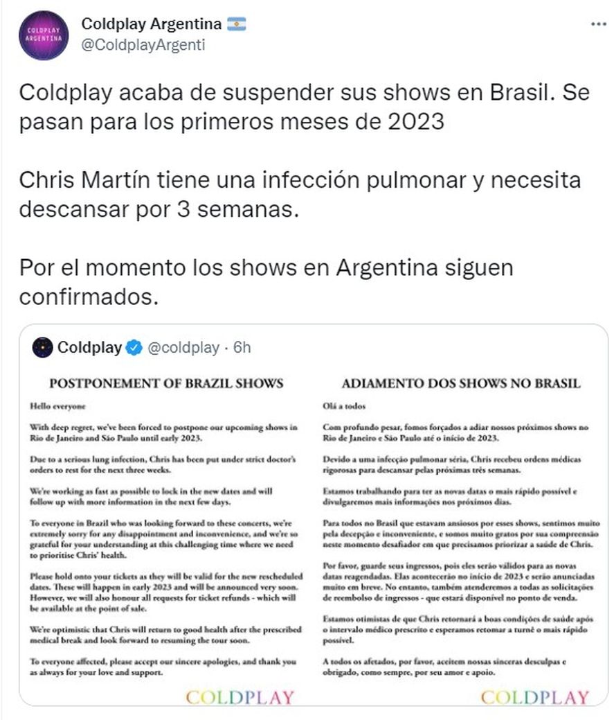Coldplay Argentina es la cuenta dedicada a la banda.