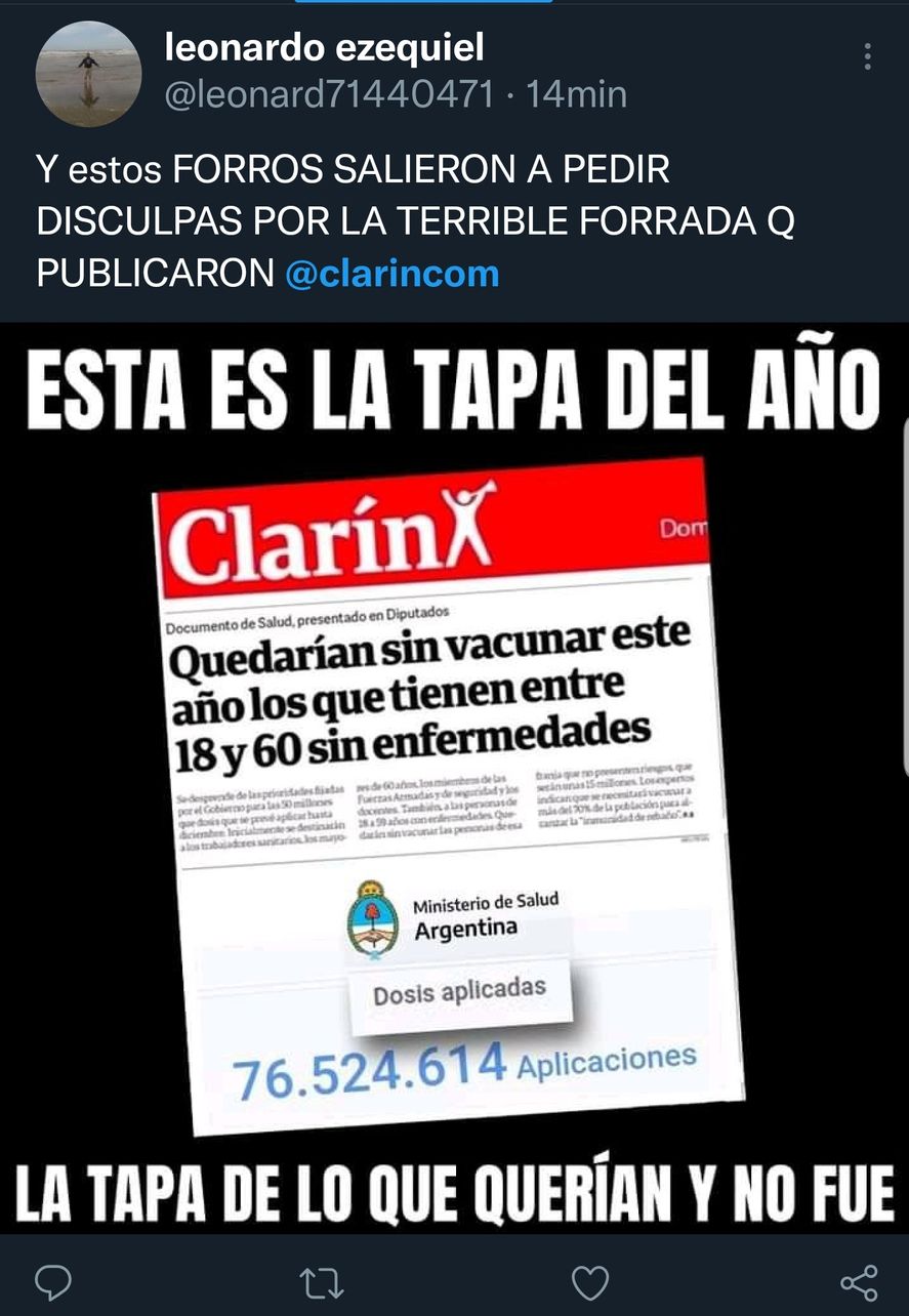 Uno de los tantos mensajes que en el último día del 2021 inundaron las redes con la tapa de Clarín que presagiaba faltante de vacunas para personas sin enfermedades de 18 a 60 años 