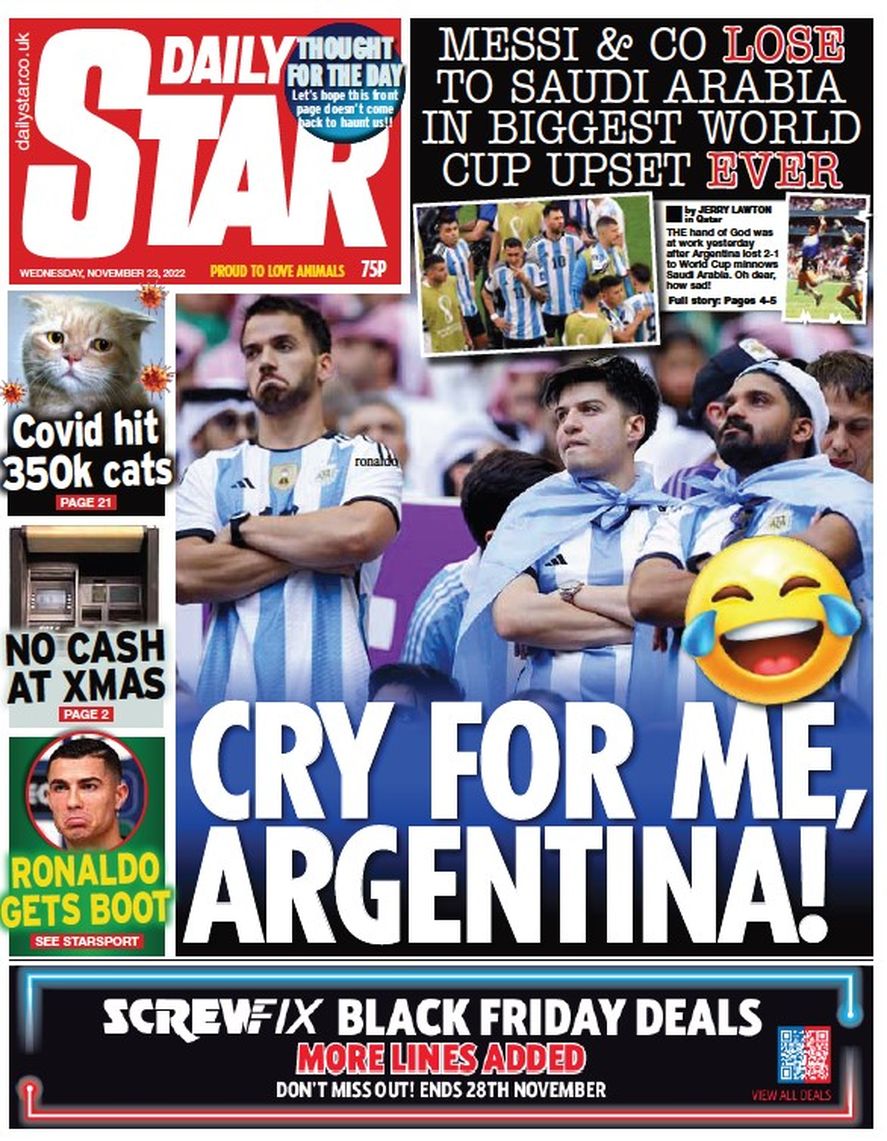 La burla de los ingleses a la selección argentina en tapa de uno de los tabloides amarillistas británicos: Daily Star 
