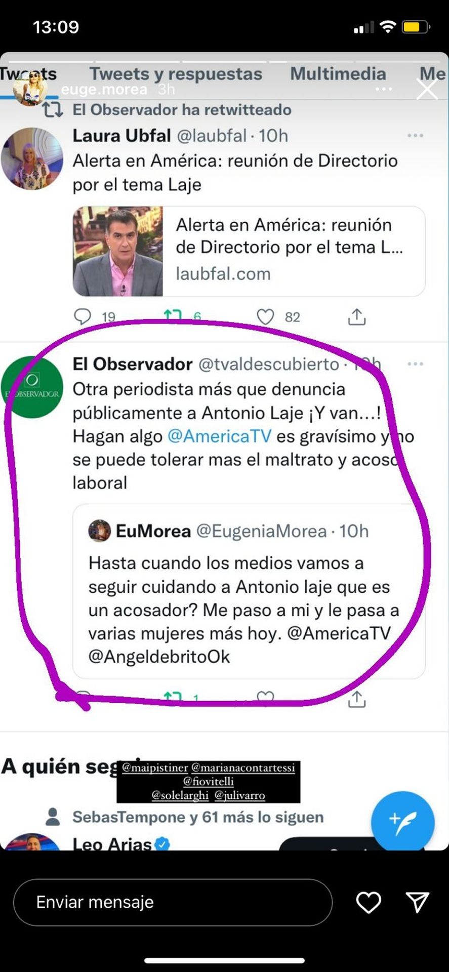 Otra captura de los dichos de la periodista Eugenia Morea hacia Antonio Laje y el maltrato y acoso que asegura haber recibido ella y otras mujeres en el canal América 