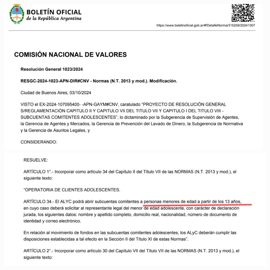 La resolución publicada en el boletín oficial indica expresamente que niños desde los 13 años podrán invertir a través del mercado de valores