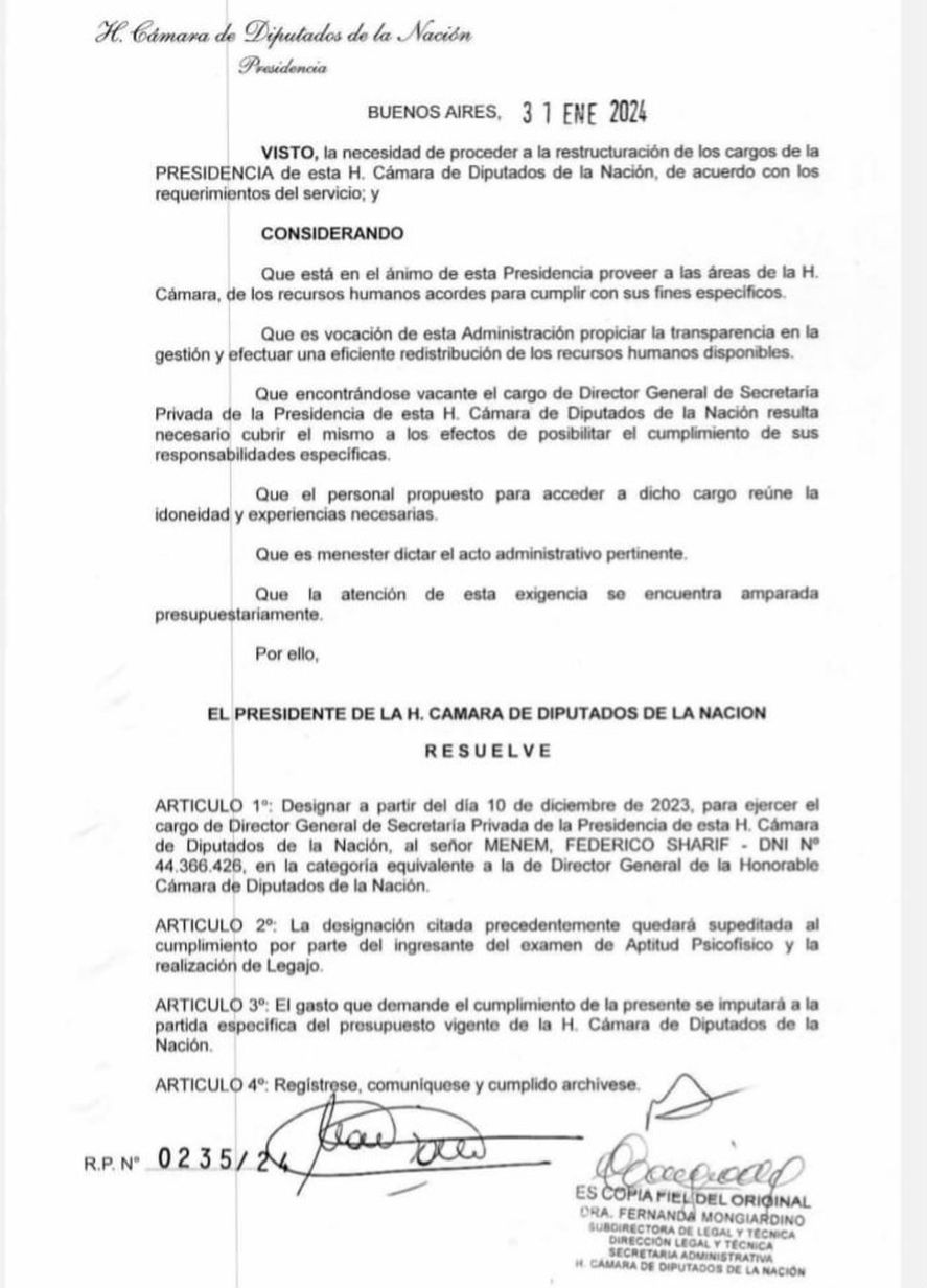 La resolución firmada por Martín Menem nombrando a su sobrino Federico Sharif como director en la cámara de diputados