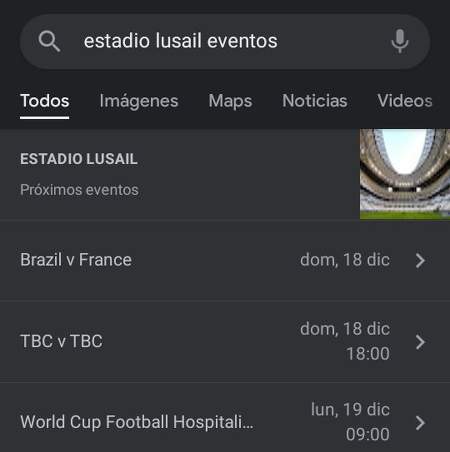 La captura de pantalla de la búsqueda en Google que arroja como certeza que la final del Mundial Qatar 2022 en el Lusail Estadio será entre Brasil y Francia 