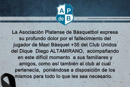 La Asociación Platense de Básquet emitió un comunicado lamentando el fallecimiento del jugador de Unidos del Dique en medio de la ola de calor en La Plata
