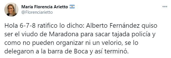 Florencia Arietto ratific&oacute; sus dichos sobre la muerte de Maradona y el operativo de seguridad del velatorio.