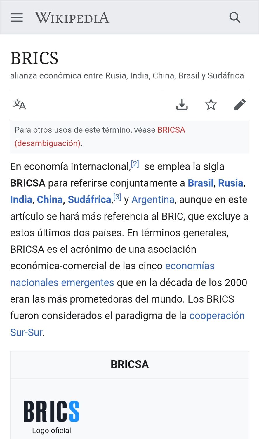 En el sitio Wikipedia ya aparece Argentina como miembro del BRICS, al punto de que alguien ya se animó a escribirlo como acrónimo BRICSA. Brasil, Rusia, India, China, Sudáfrica y Argentina 
