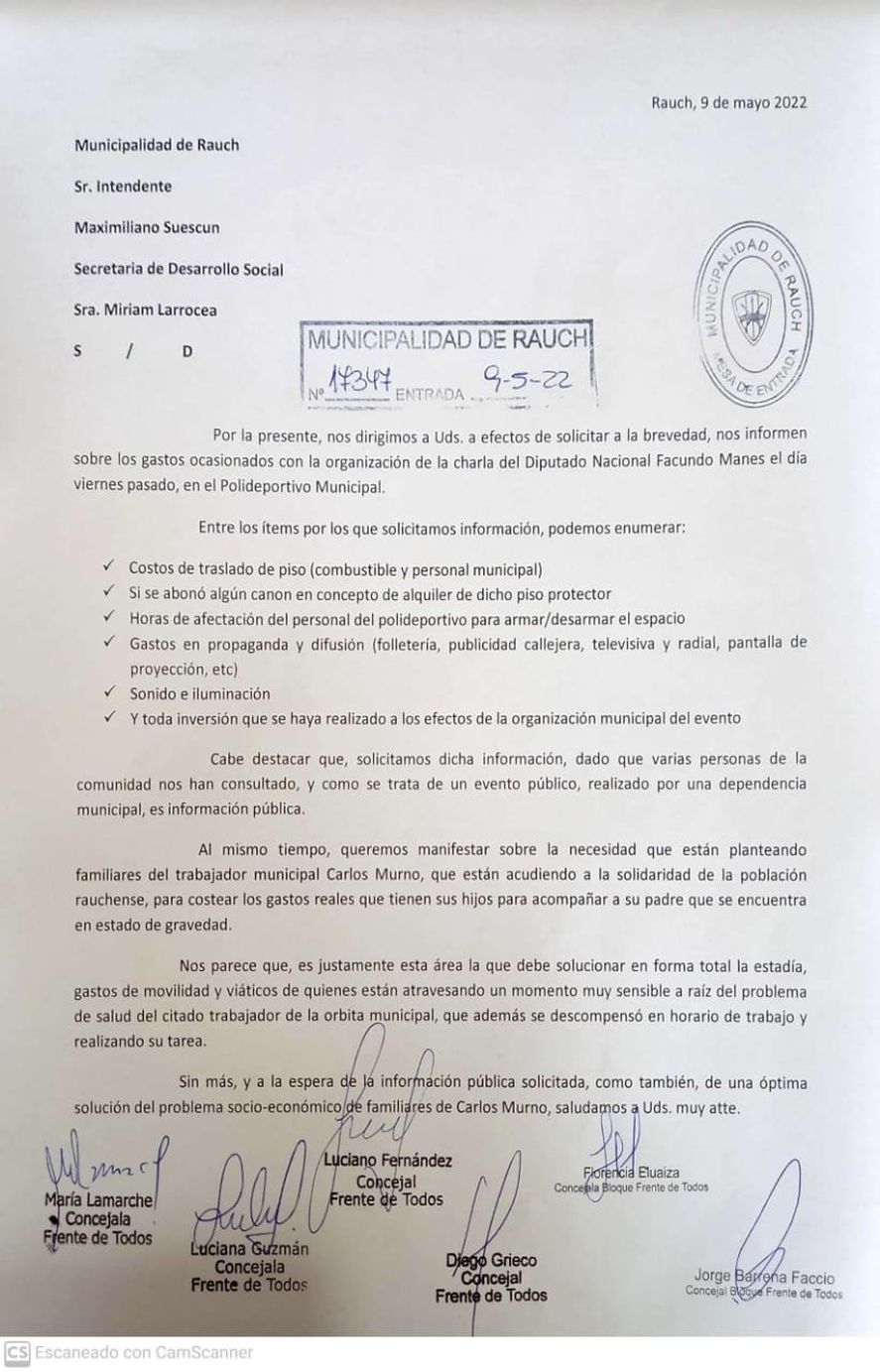 Concejales del Frente de Todos pidieron informes sobre los costos que una disertaci&oacute;n de Facundo Manes ocasion&oacute; al Municipio de Rauch.