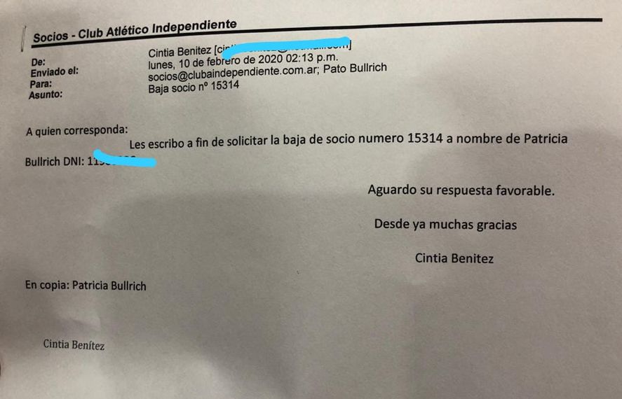 El pedido de baja como socia de Independiente de la Presidenta del PRO, Patricia Bullrich 