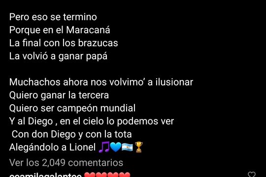 El posteo de Paredes en Instagram con la letra de la canción que nombra a Diego Malvinas y al símbolo de esta selección: Lionel Messi 