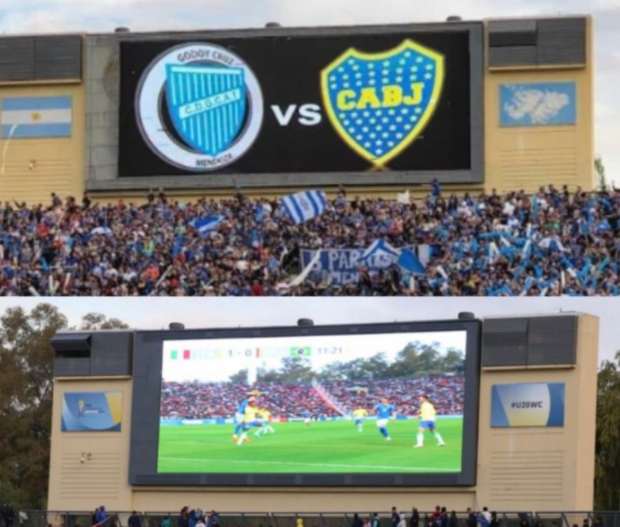 La foto muestra el estadio Islas Malvinas con la bandera y las islas durante el torneo local y abajo como luce en el Mundial Sub 20. 