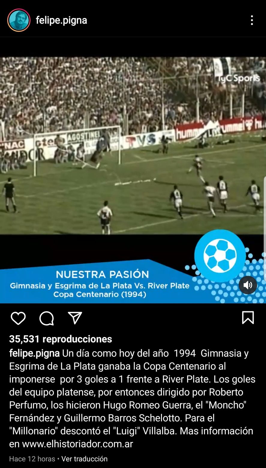 El posteo en Instagram del historiador Felipe Pigna para rememorar los 28 años de la obtención de la Copa Centenario por parte de Gimnasia y Esgrima La Plata 