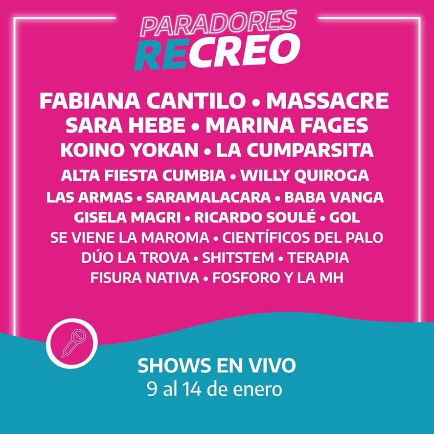 Esta semana, grandes artistas tocar&aacute;n gratis en los paradores ReCreo que se ubican en Mar del Plata, Mar de Aj&oacute;, Villa Gesell, Monte Hermoso y Chascom&uacute;s.