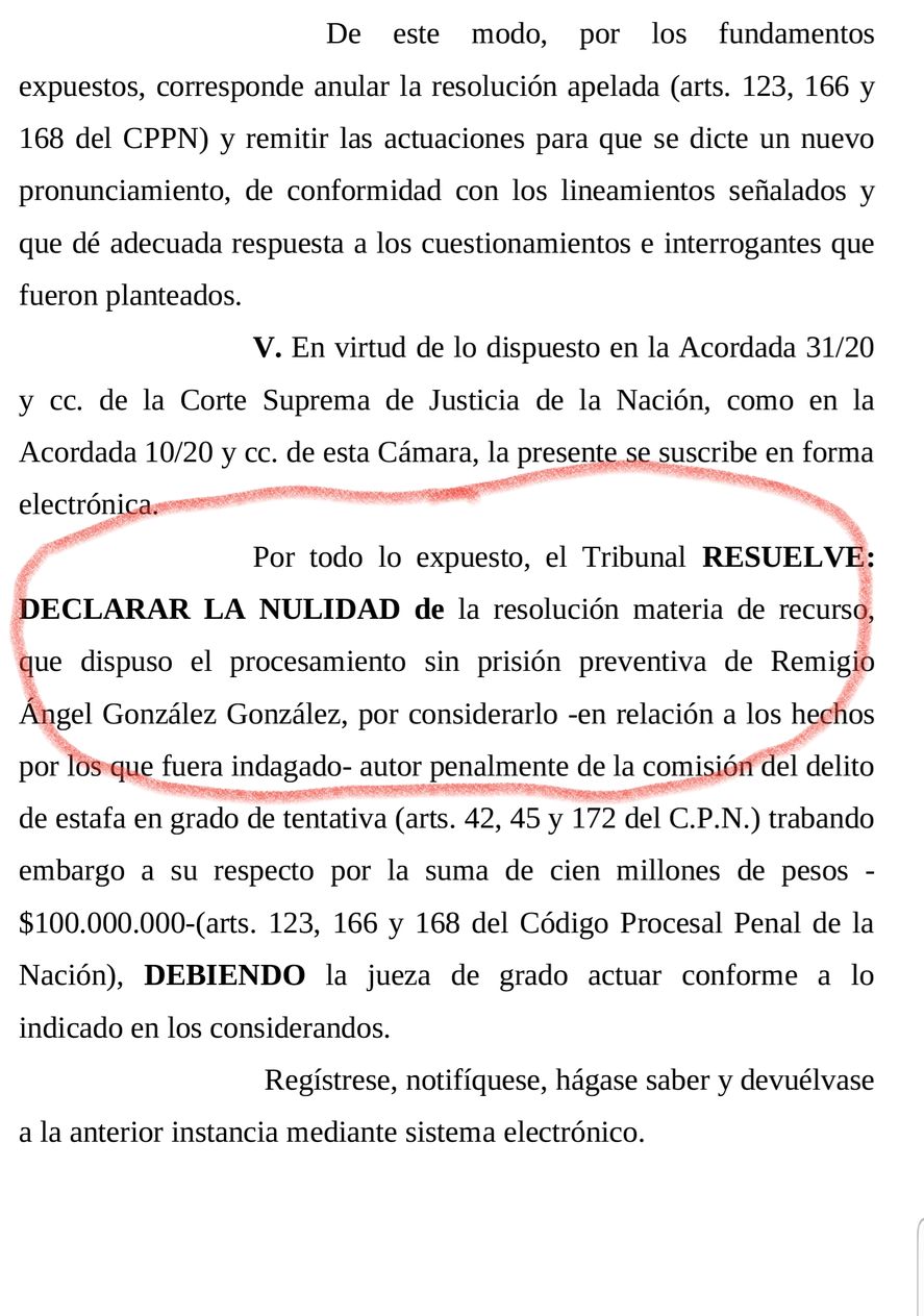 El párrafo del fallo de la Cámara Federal que resuelve volver a dictar sentencia a la jueza Servini de Cubría sobre el supuesto fraude en traspaso accionario de Canal 9 de Buenos Aires 