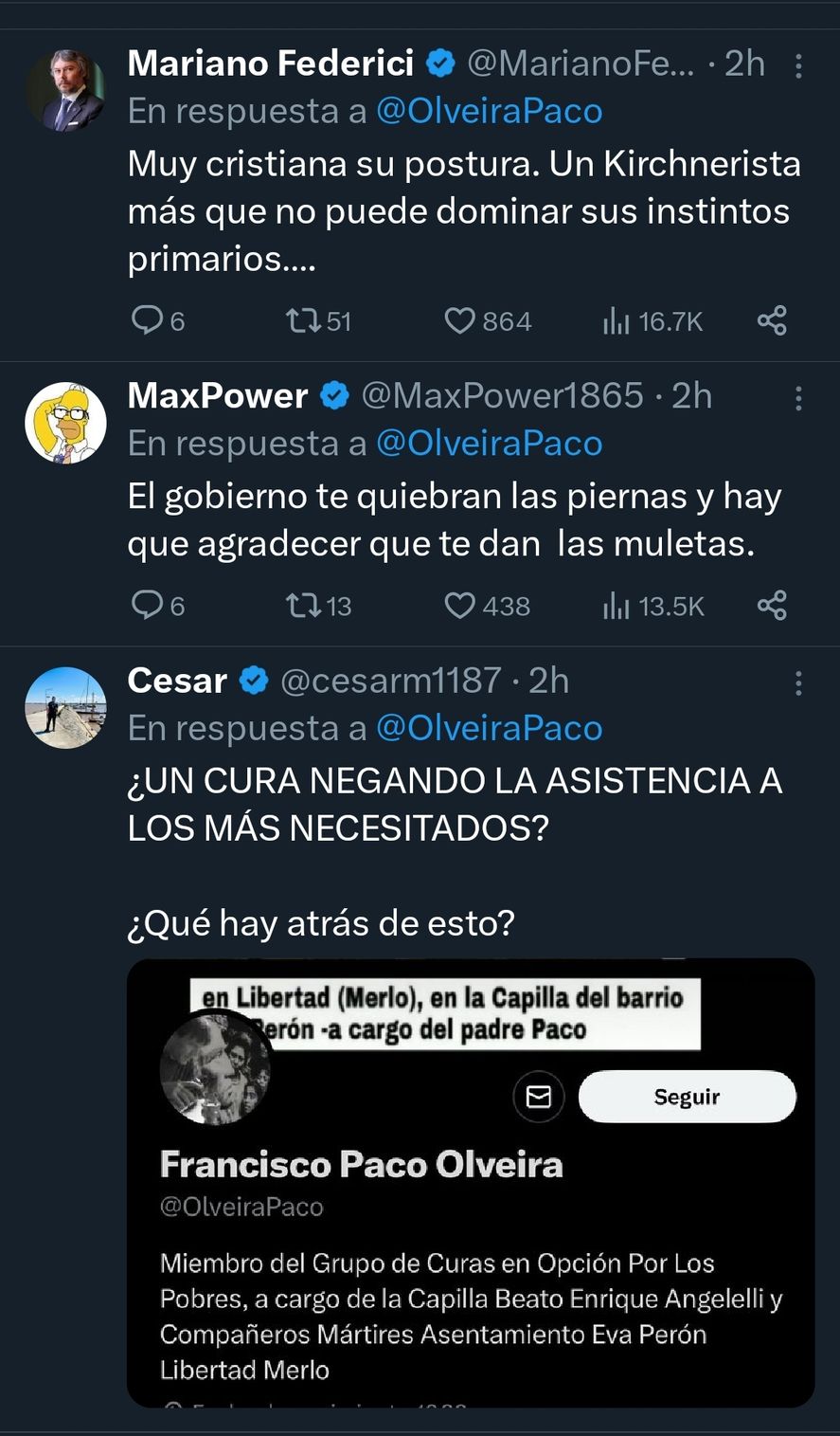 La reacción en redes al mensaje de uno de los curas opción por los pobres, quien desempeña su labor pastoral y de ayuda social en el partido bonaerense de Merlo, y que pidió a los humildes que hayan votado por Javier Milei que se abstengan de ir a pedir comida o cualquier ayuda a la entidad que dirige alegando que tengan 