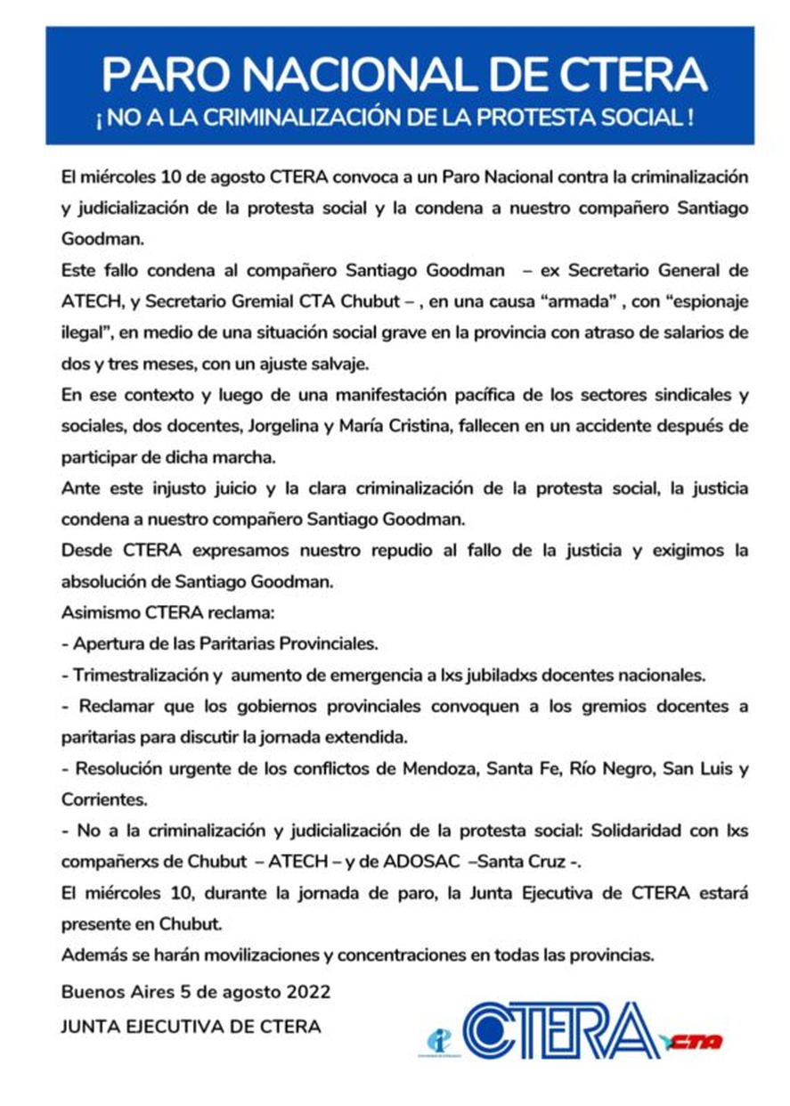 La convocatoria de CTERA: SUTEBA adhiere y la Provincia de Buenos AIres se queda sin clases