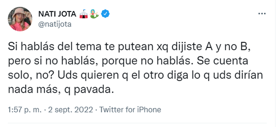 Nati Jota se cruz&oacute; con sus seguidores por el atentado a Cristina