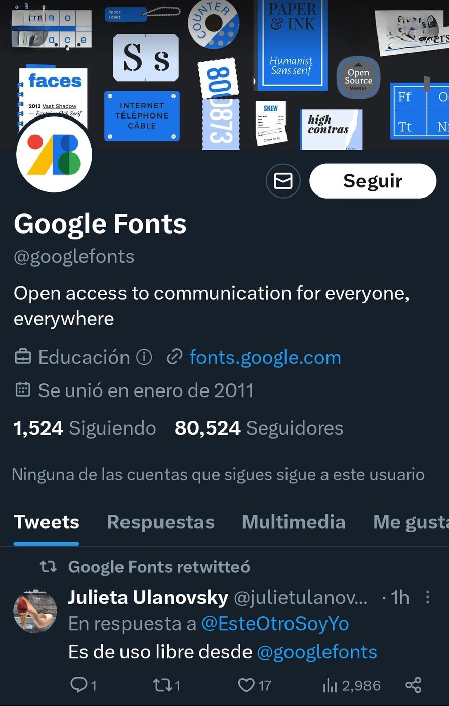 La cuenta de Google Fonts que provee de tipografías como la usada para los billetes de 2 mil pesos argentinos