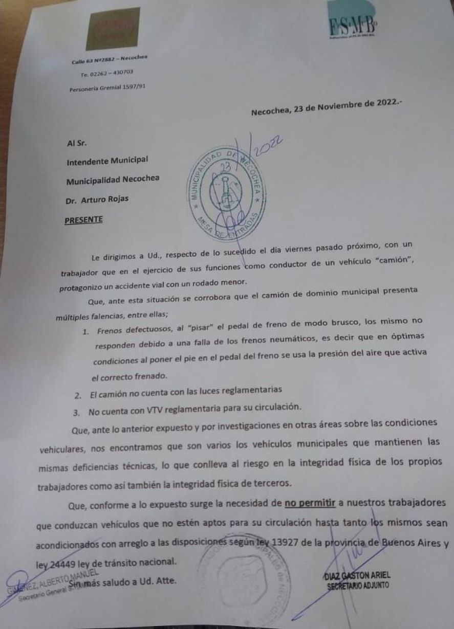 Una carta del Sindicato de Municipales dio entidad a las denuncias en Necochea 